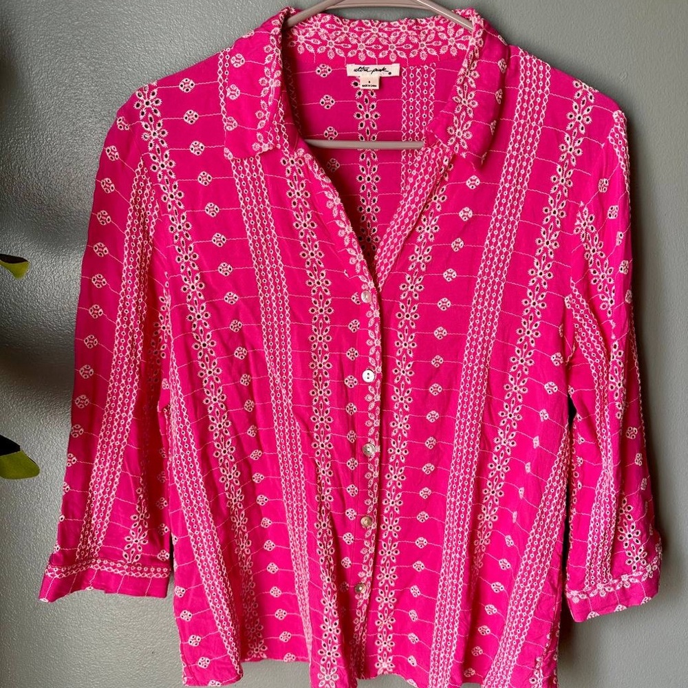 Ultra Pink Button-Front Blouse with Mother of Pearl look buttons